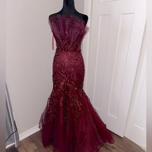 Burgundy Mac Duggal Beaded Evening Gown